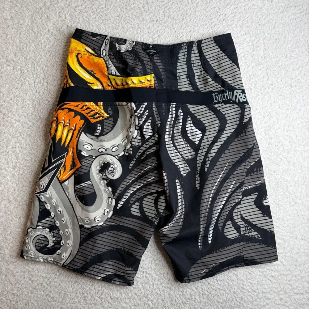 O'Neill Byerly Freak Board Shorts Mens 30 Black Orange Skull Octopus Y2K Trunks